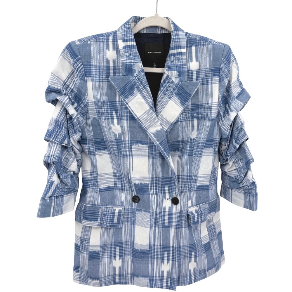 Robert Rodriguez Hollie Blue White Ikat Plaid Ruched Sleeve Cotton Blazer 10